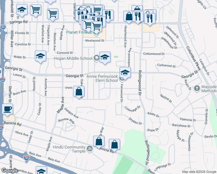 map of restaurants, bars, coffee shops, grocery stores, and more near 210 Baywood Drive in Vallejo