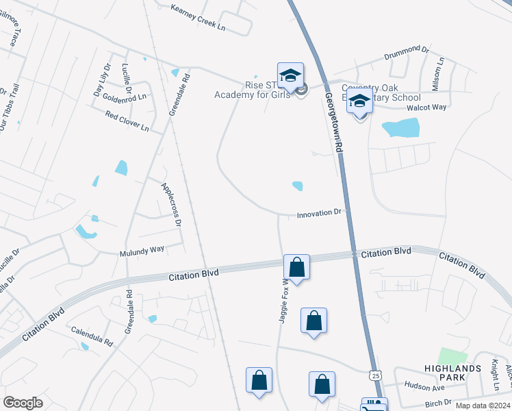 map of restaurants, bars, coffee shops, grocery stores, and more near 2440 Innovation Drive in Lexington