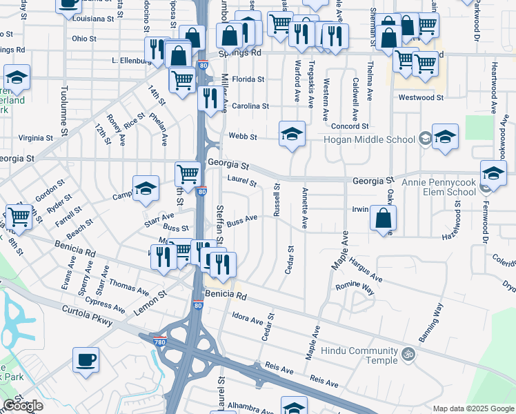 map of restaurants, bars, coffee shops, grocery stores, and more near 615 Laurel Street in Vallejo