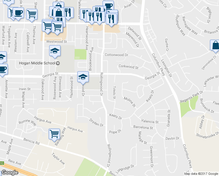 map of restaurants, bars, coffee shops, grocery stores, and more near 608 Lockwood Drive in Vallejo