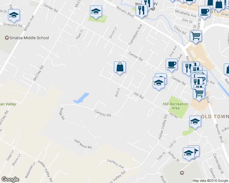 map of restaurants, bars, coffee shops, grocery stores, and more near 682 Bird Ct in Novato