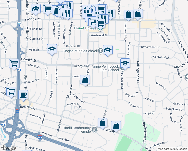 map of restaurants, bars, coffee shops, grocery stores, and more near 748 Beechwood Avenue in Vallejo