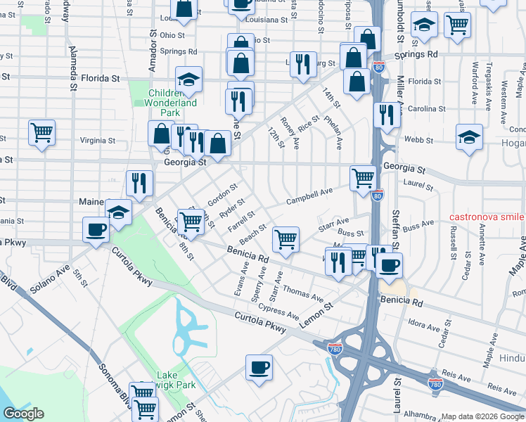 map of restaurants, bars, coffee shops, grocery stores, and more near 1439 Farrell Street in Vallejo
