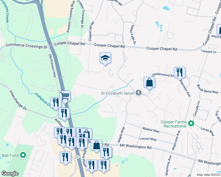 map of restaurants, bars, coffee shops, grocery stores, and more near 5223 Maple Spring Drive in Louisville