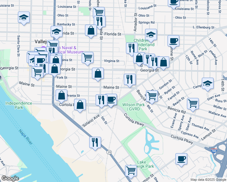map of restaurants, bars, coffee shops, grocery stores, and more near 115 Monterey Street in Vallejo