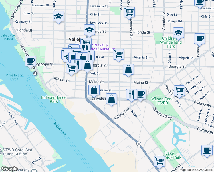 map of restaurants, bars, coffee shops, grocery stores, and more near 412 Napa Street in Vallejo