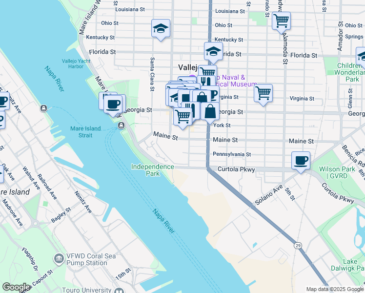 map of restaurants, bars, coffee shops, grocery stores, and more near 15 Marin Street in Vallejo