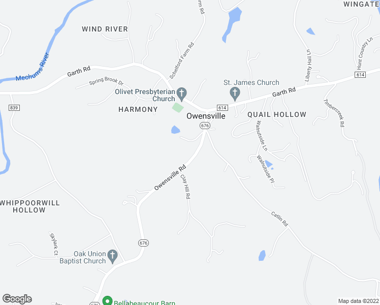 map of restaurants, bars, coffee shops, grocery stores, and more near 2270 Owensville Road in Charlottesville
