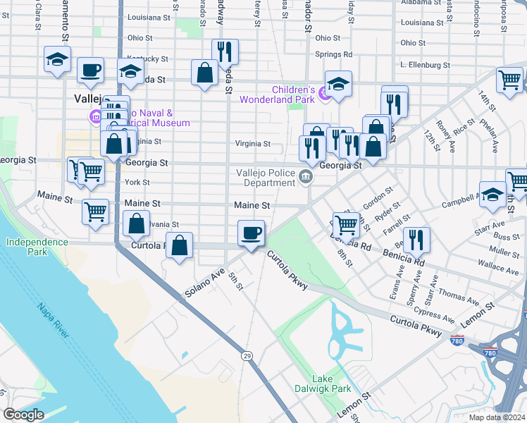 map of restaurants, bars, coffee shops, grocery stores, and more near 925 Maine Street in Vallejo