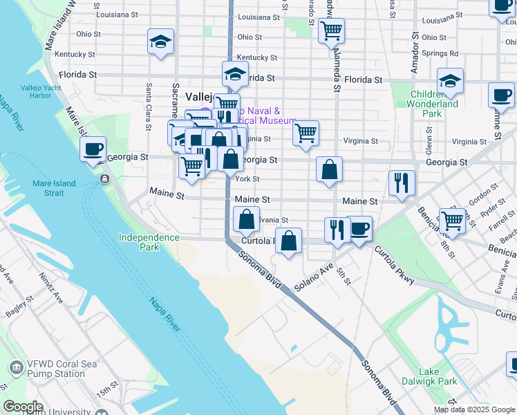 map of restaurants, bars, coffee shops, grocery stores, and more near 506 Pennsylvania Street in Vallejo