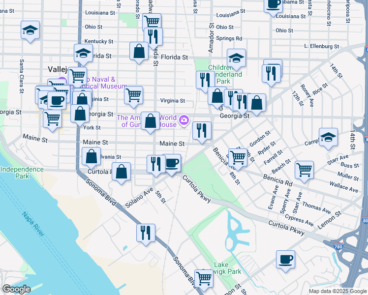 map of restaurants, bars, coffee shops, grocery stores, and more near 925 Maine Street in Vallejo