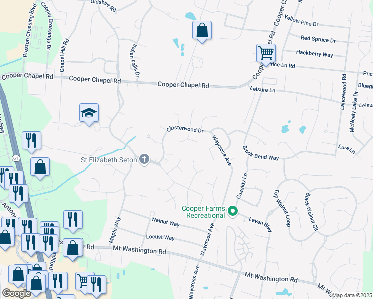 map of restaurants, bars, coffee shops, grocery stores, and more near 10206 1/2 Allentree Place in Louisville
