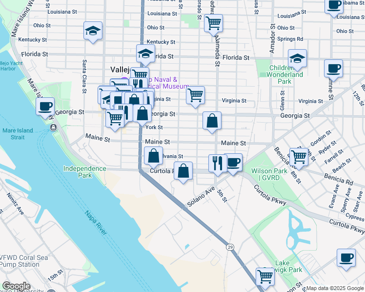 map of restaurants, bars, coffee shops, grocery stores, and more near 412 Napa Street in Vallejo