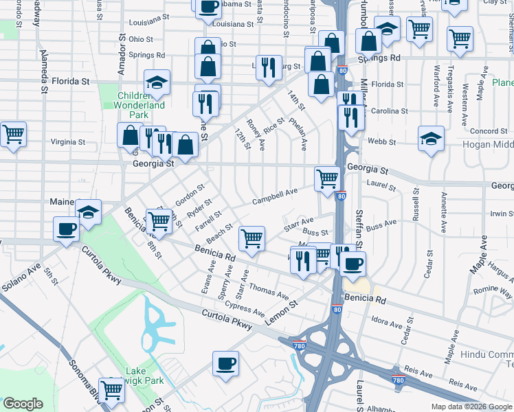 map of restaurants, bars, coffee shops, grocery stores, and more near 139 Campbell Avenue in Vallejo