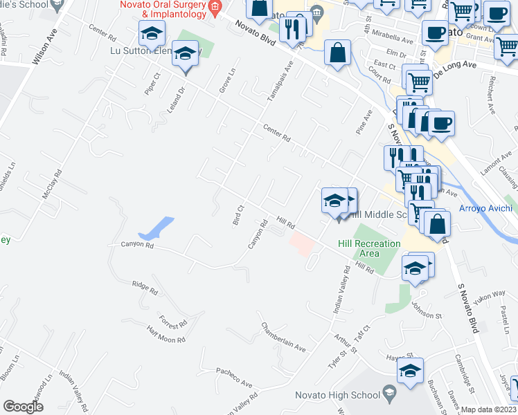 map of restaurants, bars, coffee shops, grocery stores, and more near Hill Rd & Bradley Ave in Novato