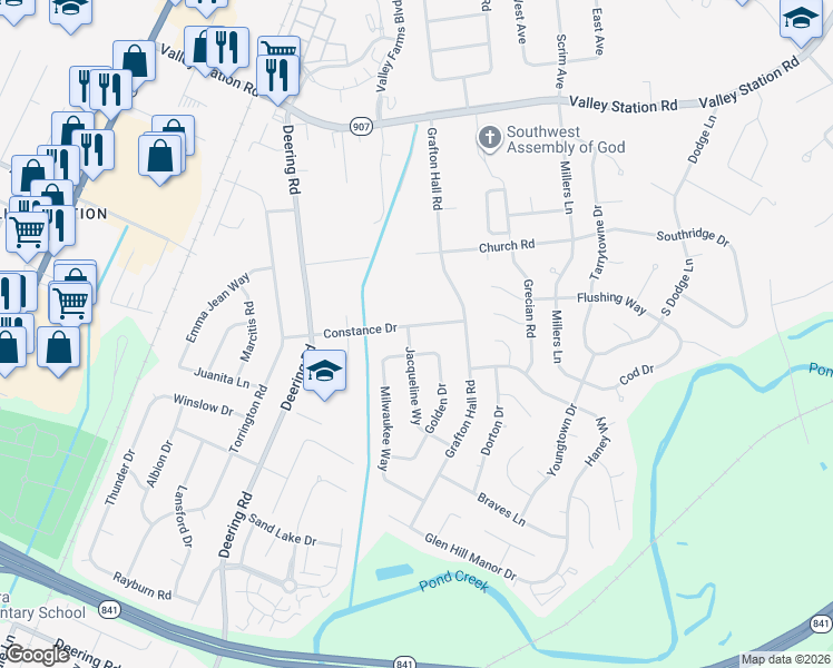 map of restaurants, bars, coffee shops, grocery stores, and more near 5016 Constance Drive in Louisville