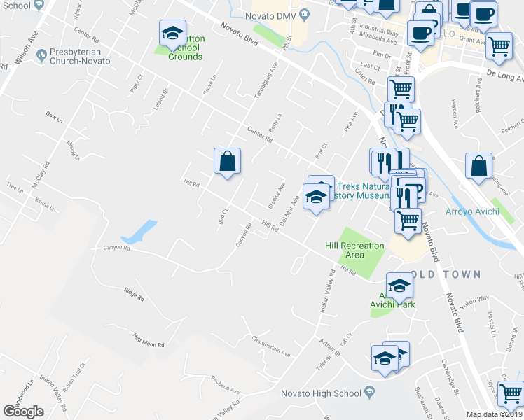map of restaurants, bars, coffee shops, grocery stores, and more near 714 Bradley Avenue in Novato