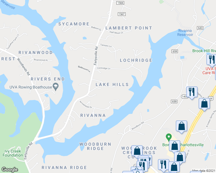 map of restaurants, bars, coffee shops, grocery stores, and more near 540 State Route 1560 in Earlysville