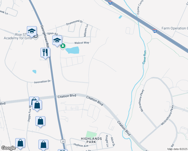 map of restaurants, bars, coffee shops, grocery stores, and more near 1640 Gatton Way in Lexington