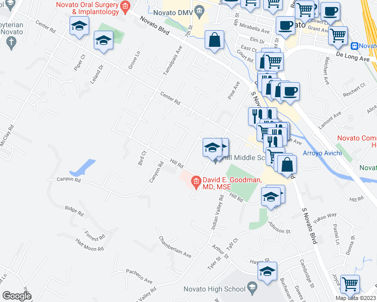 map of restaurants, bars, coffee shops, grocery stores, and more near 711 Del Mar Avenue in Novato