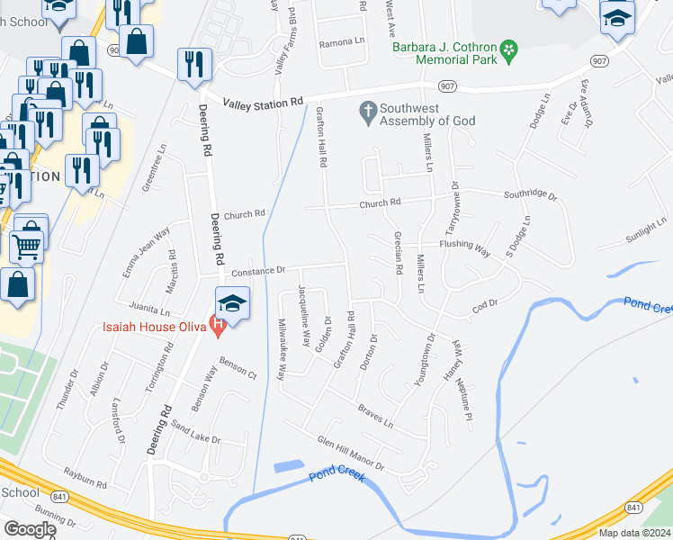 map of restaurants, bars, coffee shops, grocery stores, and more near 5004 Constance Drive in Louisville