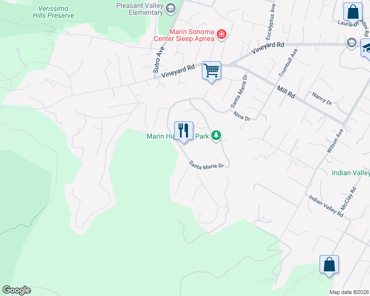 map of restaurants, bars, coffee shops, grocery stores, and more near 2 Amber Court in Novato