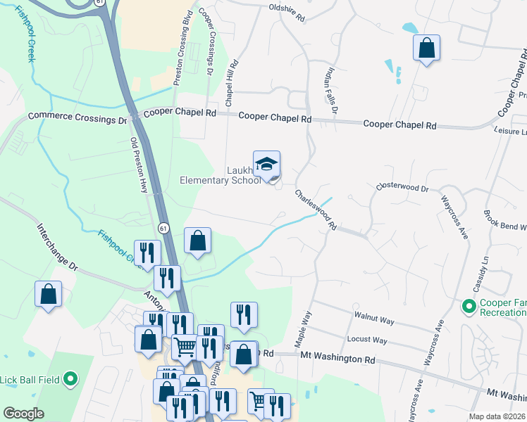 map of restaurants, bars, coffee shops, grocery stores, and more near 5217 Maple Spring Drive in Louisville