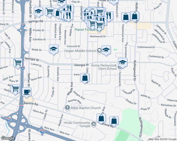 map of restaurants, bars, coffee shops, grocery stores, and more near 748 Beechwood Avenue in Vallejo
