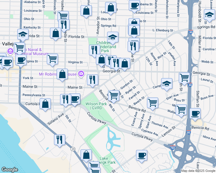 map of restaurants, bars, coffee shops, grocery stores, and more near 26 8th Street in Vallejo