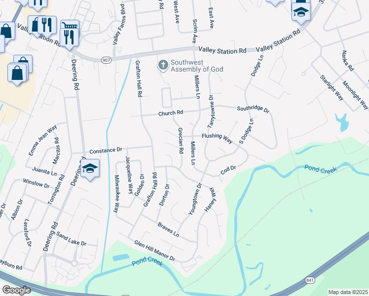 map of restaurants, bars, coffee shops, grocery stores, and more near 10708 Grecian Road in Louisville