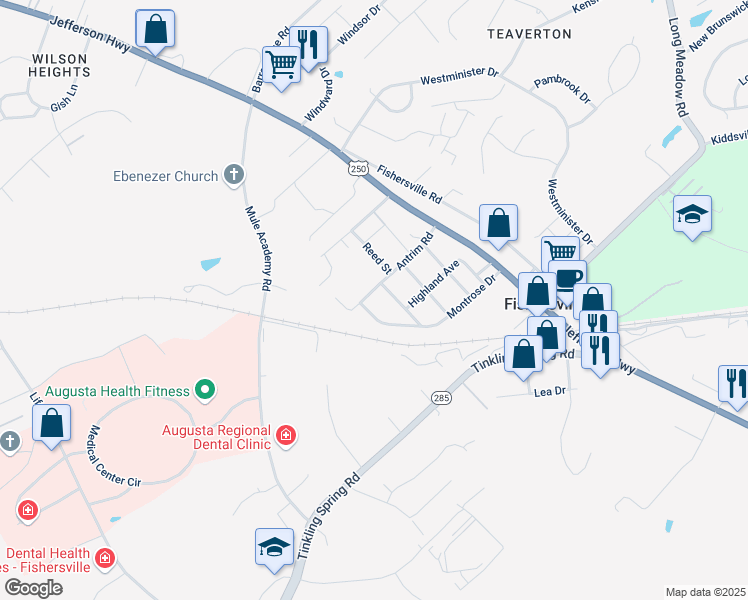 map of restaurants, bars, coffee shops, grocery stores, and more near 96 Antrim Road in Fishersville