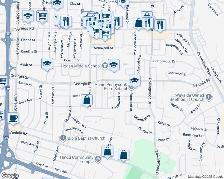 map of restaurants, bars, coffee shops, grocery stores, and more near 727 Cherrywood Street in Vallejo