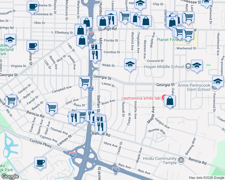 map of restaurants, bars, coffee shops, grocery stores, and more near 615 Laurel Street in Vallejo
