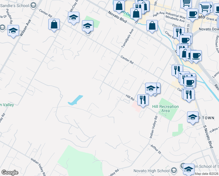 map of restaurants, bars, coffee shops, grocery stores, and more near 682 Bird Court in Novato