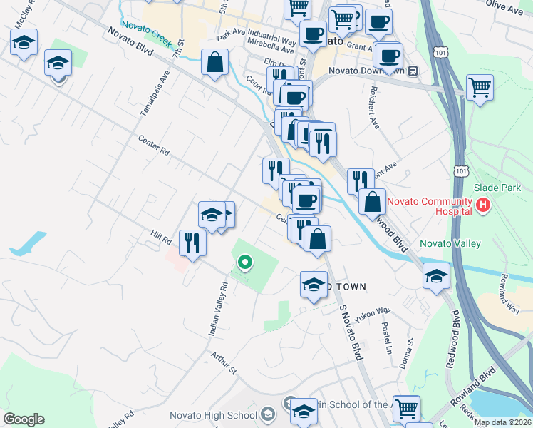 map of restaurants, bars, coffee shops, grocery stores, and more near 773 Plaza Linda in Novato