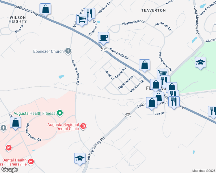 map of restaurants, bars, coffee shops, grocery stores, and more near 96 Antrim Road in Fishersville