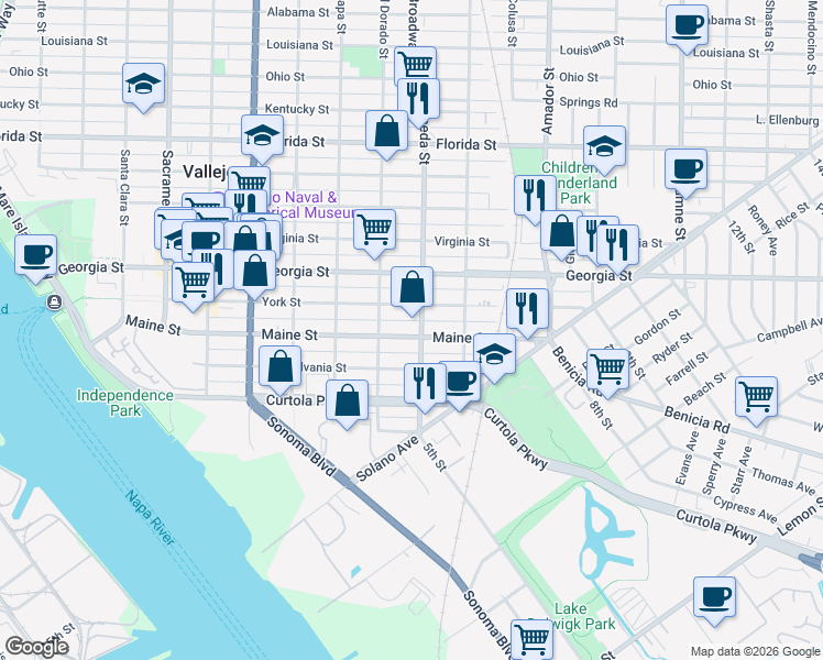 map of restaurants, bars, coffee shops, grocery stores, and more near 738 Maine Street in Vallejo