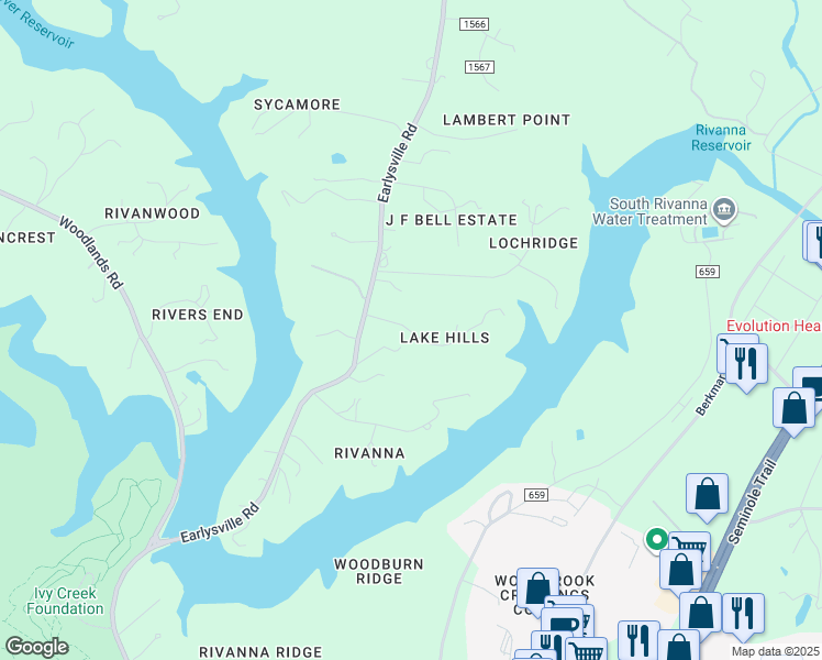 map of restaurants, bars, coffee shops, grocery stores, and more near State Route 1560 in Albemarle County