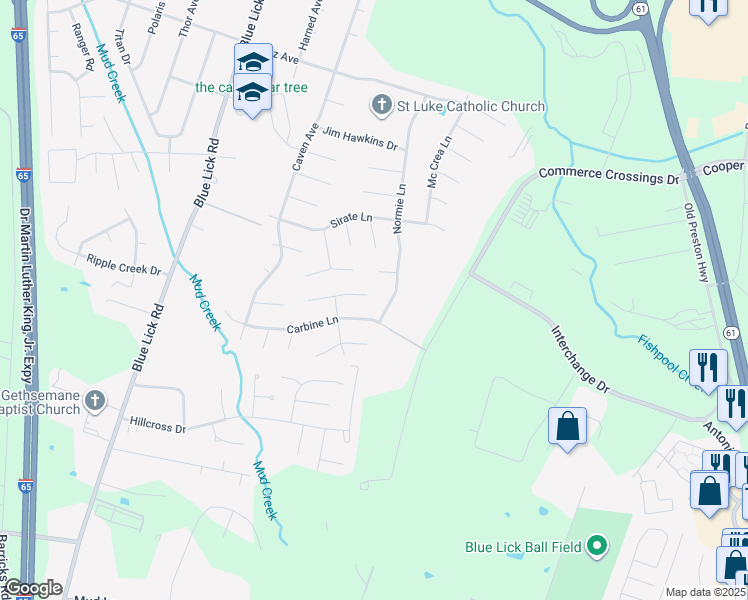 map of restaurants, bars, coffee shops, grocery stores, and more near 4112 Hispanyola Court in Louisville
