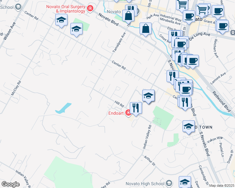 map of restaurants, bars, coffee shops, grocery stores, and more near 711 Bradley Avenue in Novato