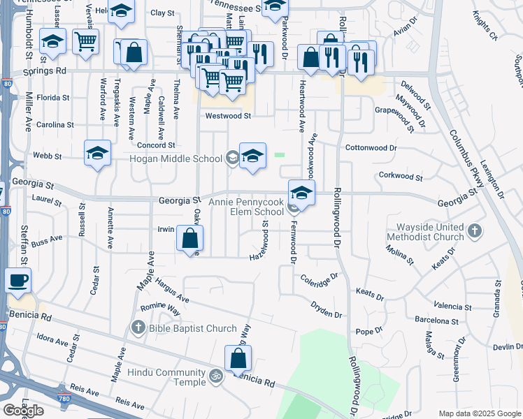 map of restaurants, bars, coffee shops, grocery stores, and more near 3637 Hazelwood Street in Vallejo