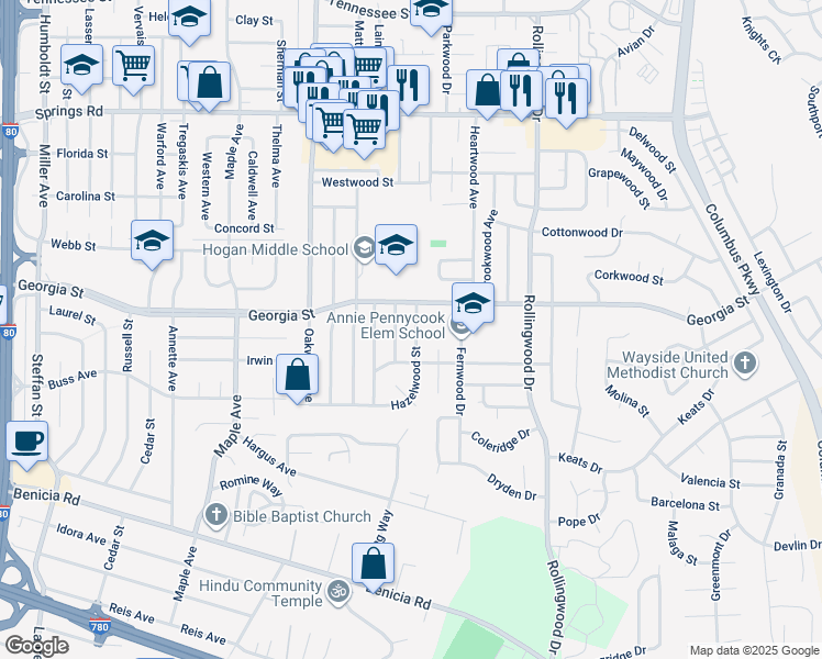 map of restaurants, bars, coffee shops, grocery stores, and more near 3637 Hazelwood Street in Vallejo