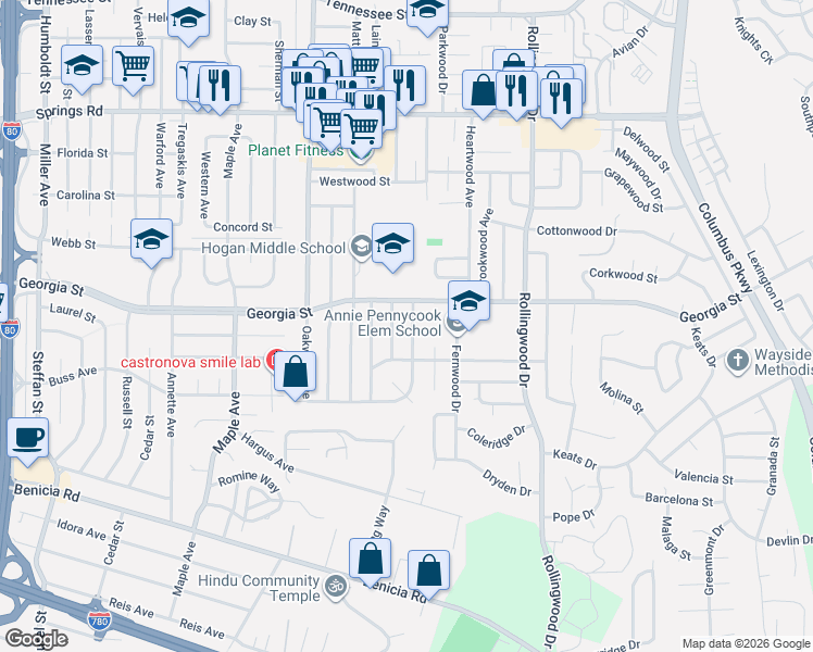 map of restaurants, bars, coffee shops, grocery stores, and more near 3637 Hazelwood Street in Vallejo