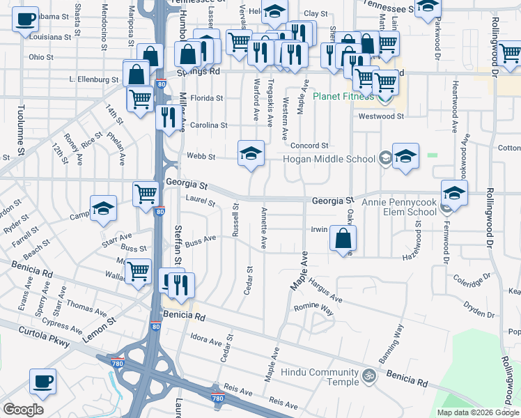 map of restaurants, bars, coffee shops, grocery stores, and more near 2900 Georgia Street in Vallejo