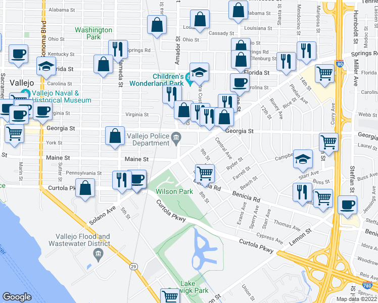map of restaurants, bars, coffee shops, grocery stores, and more near 1222 Solano Avenue in Vallejo