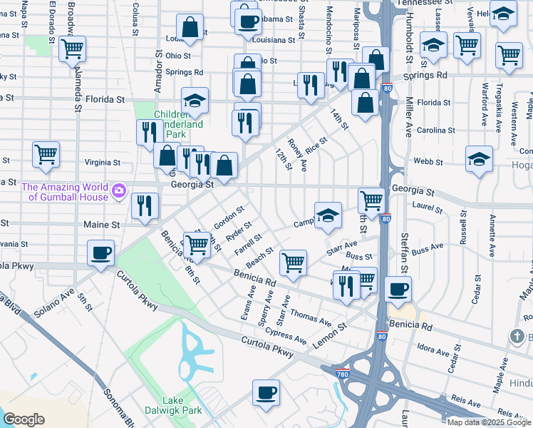 map of restaurants, bars, coffee shops, grocery stores, and more near 135 Gleason Avenue in Vallejo