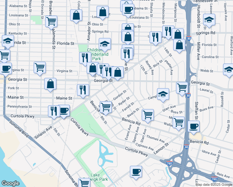 map of restaurants, bars, coffee shops, grocery stores, and more near 1509 Rice Street in Vallejo