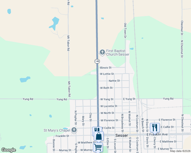 map of restaurants, bars, coffee shops, grocery stores, and more near 809 North Park Street in Sesser