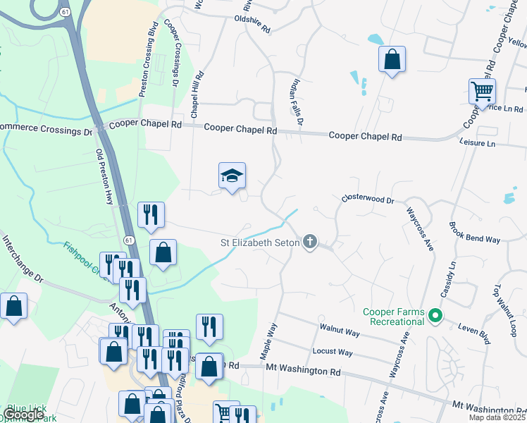 map of restaurants, bars, coffee shops, grocery stores, and more near 10206 Charleswood Road in Louisville
