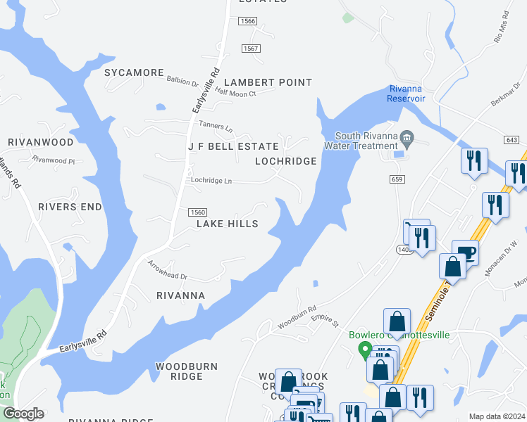 map of restaurants, bars, coffee shops, grocery stores, and more near 580 Milford Road in Earlysville